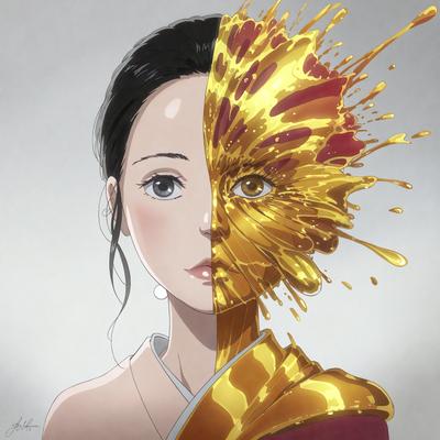 The primary subject of the image is a woman with a split personality, represented by two distinct faces. One face is a traditional Asian woman, while the other face is a more modern, Western-style woman. The setting is a black and white background, which adds a sense of contrast and drama to the scene. The visual style is a combination of digital art and illustration, creating a unique and intriguing image. The dominant colors are black and white, with the two faces being the main focus of the image. The overall atmosphere is